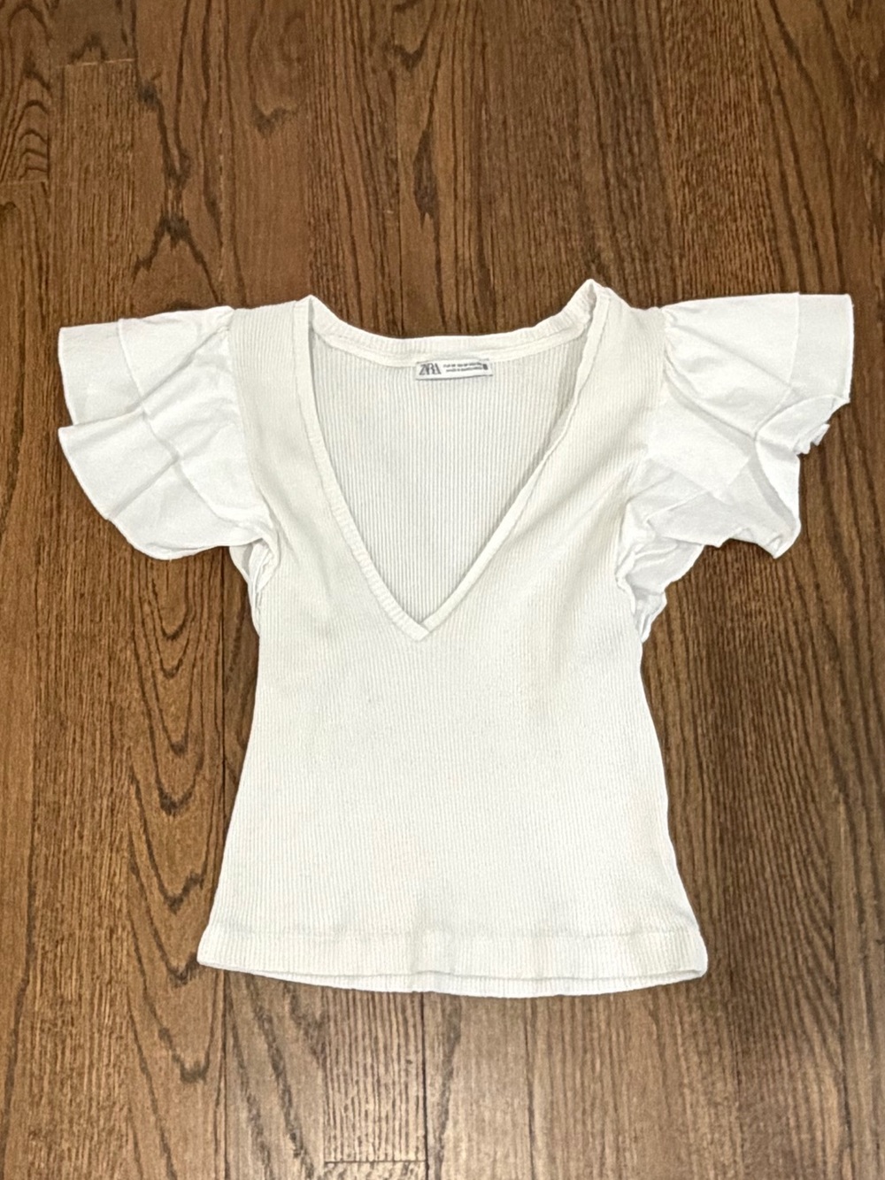Zara White Ribbed V-Neck cropped Top with Ruffle Short Sleeves